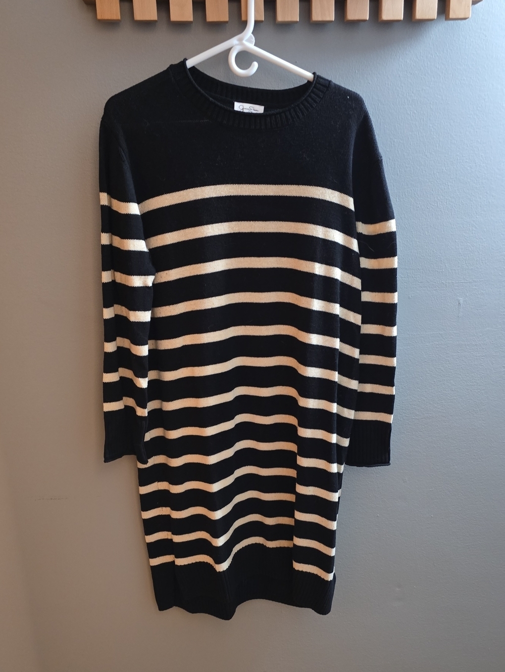 Jessica Simpson Black and Cream Striped Crewneck Sweater Dress
